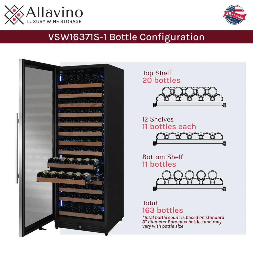 Allavino Reserva Series 163 Bottle 71" Tall Single Zone Left Hinge Stainless Steel Wine Refrigerator