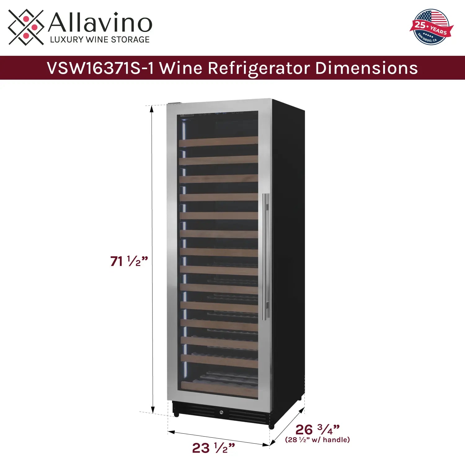 Allavino Reserva Series 163 Bottle 71" Tall Single Zone Left Hinge Stainless Steel Wine Refrigerator