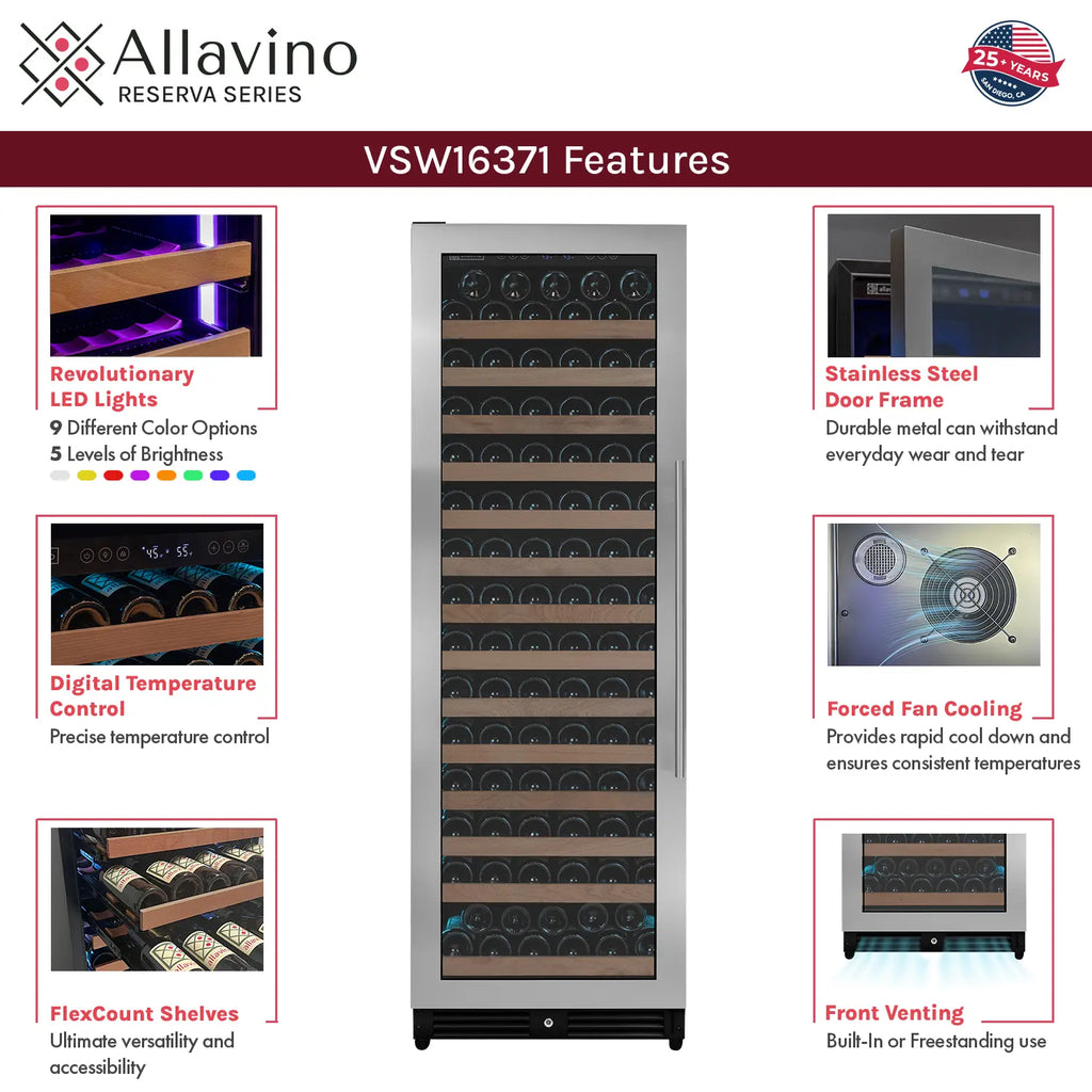 Allavino Reserva Series 163 Bottle 71" Tall Single Zone Left Hinge Stainless Steel Wine Refrigerator