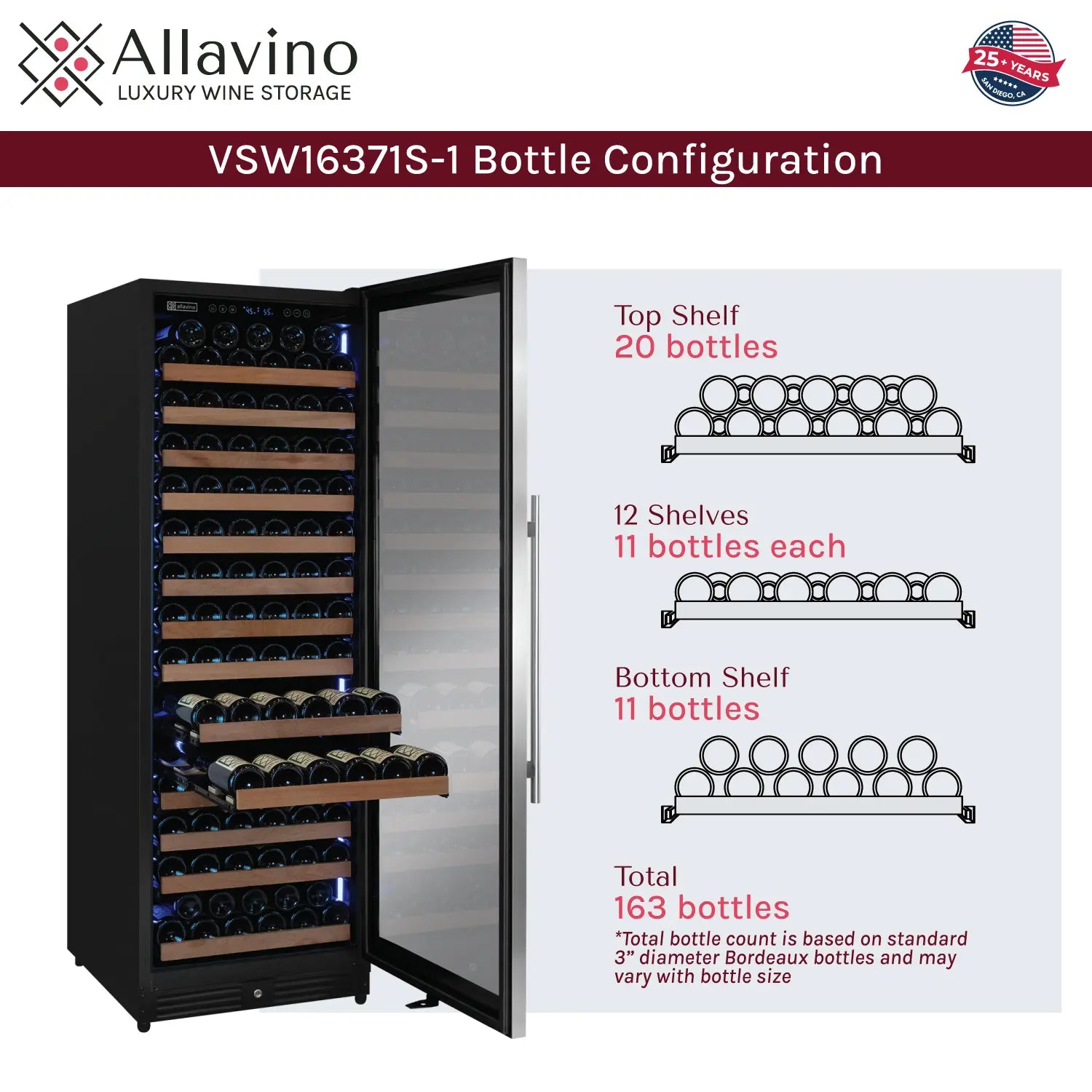 Allavino Reserva Series 163 Bottle 71" Tall Single Zone Right Hinge Stainless Steel Wine Cooler Refrigerator