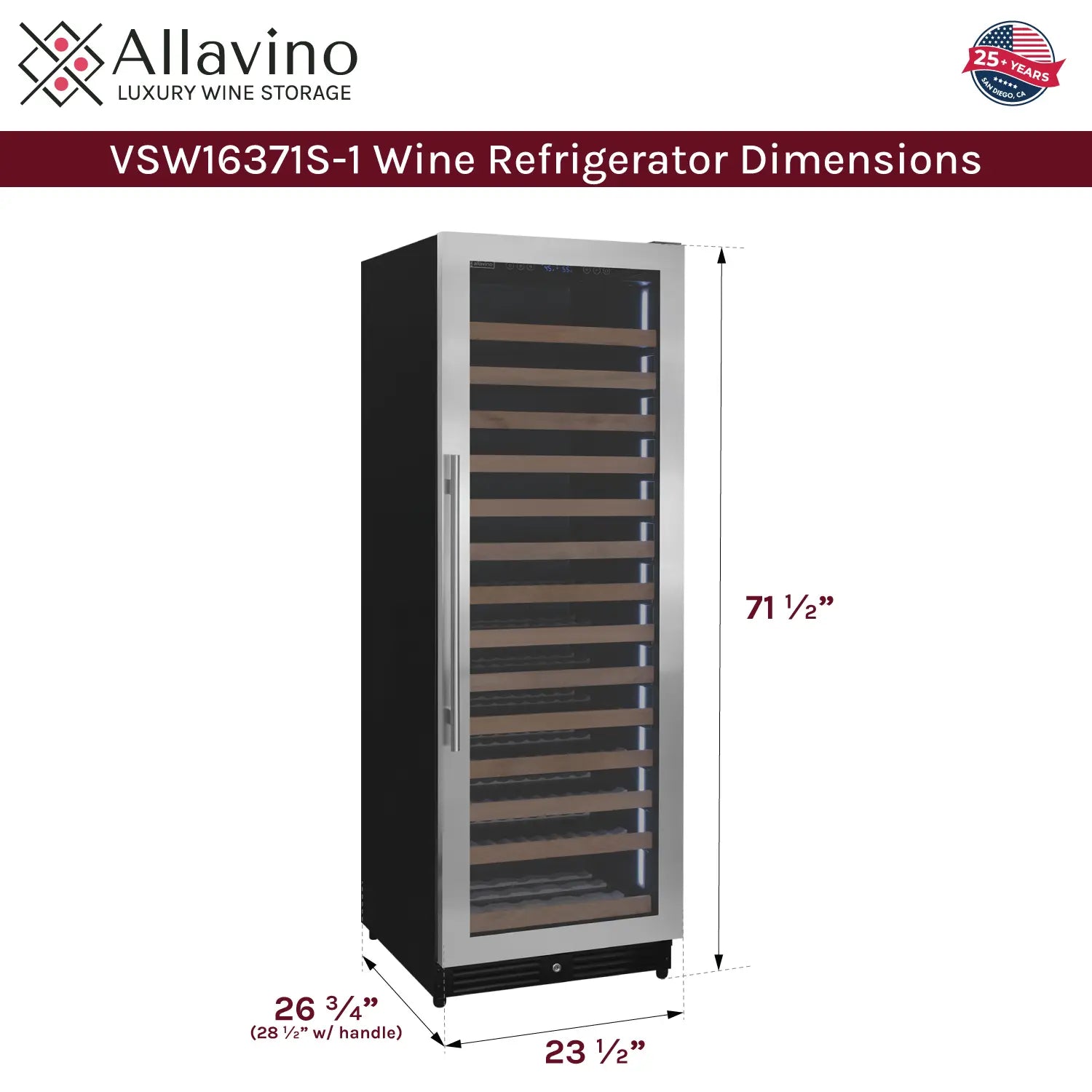 Allavino Reserva Series 163 Bottle 71" Tall Single Zone Right Hinge Stainless Steel Wine Cooler Refrigerator