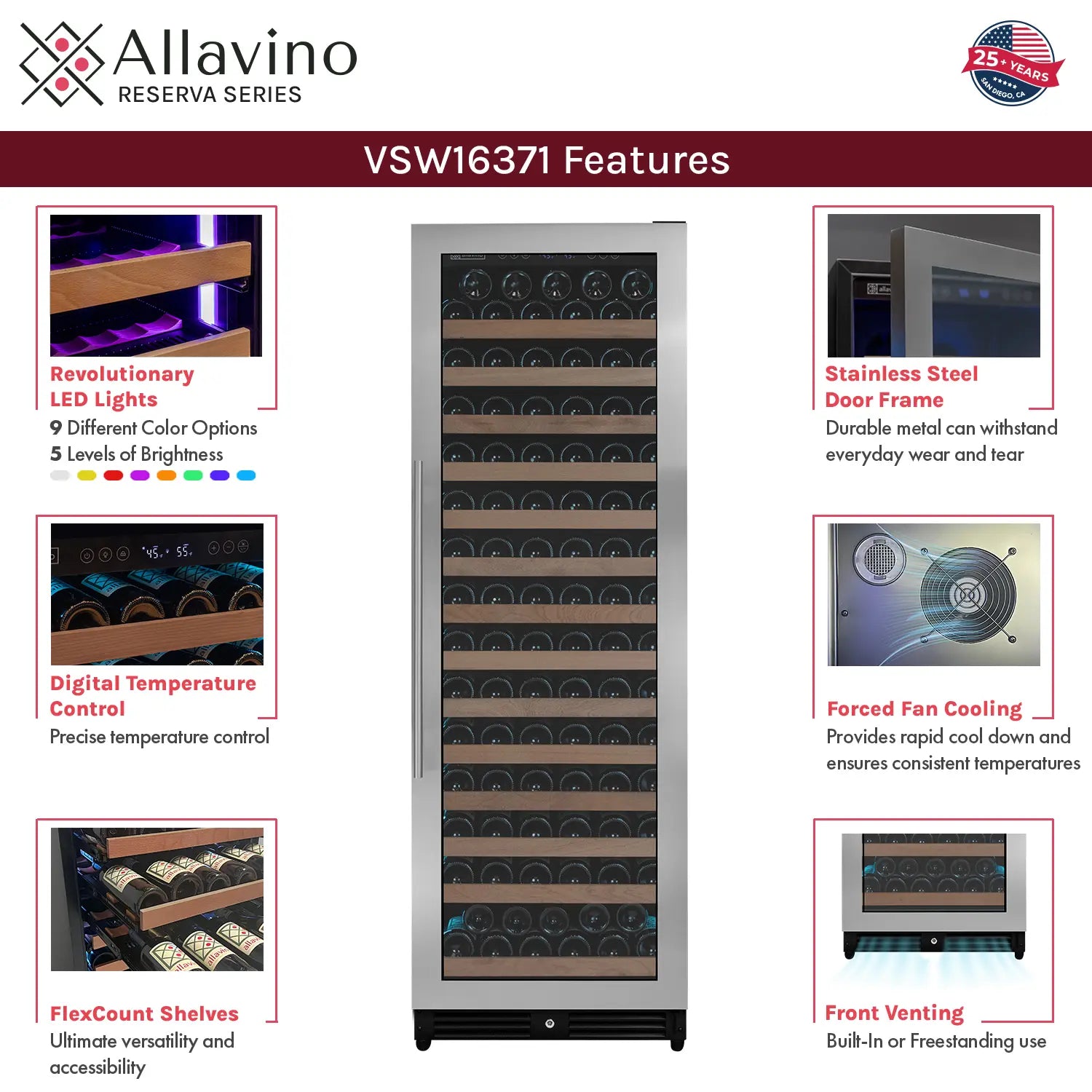 Allavino Reserva Series 163 Bottle 71" Tall Single Zone Right Hinge Stainless Steel Wine Cooler Refrigerator
