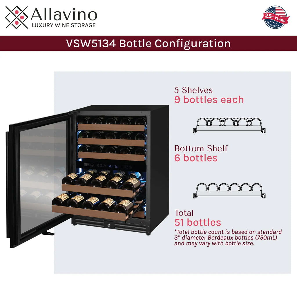 Allavino Reserva Series - 56 Bottle Dual Zone Built-in Luxury Wine Refrigerator with Black Door - Left Hinge