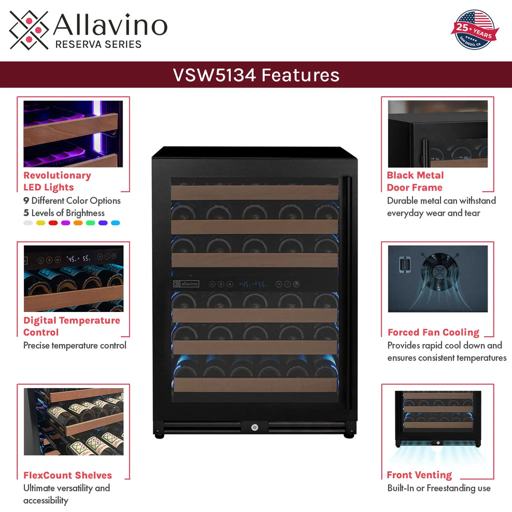 Allavino Reserva Series - 56 Bottle Dual Zone Built-in Luxury Wine Refrigerator with Black Door - Left Hinge