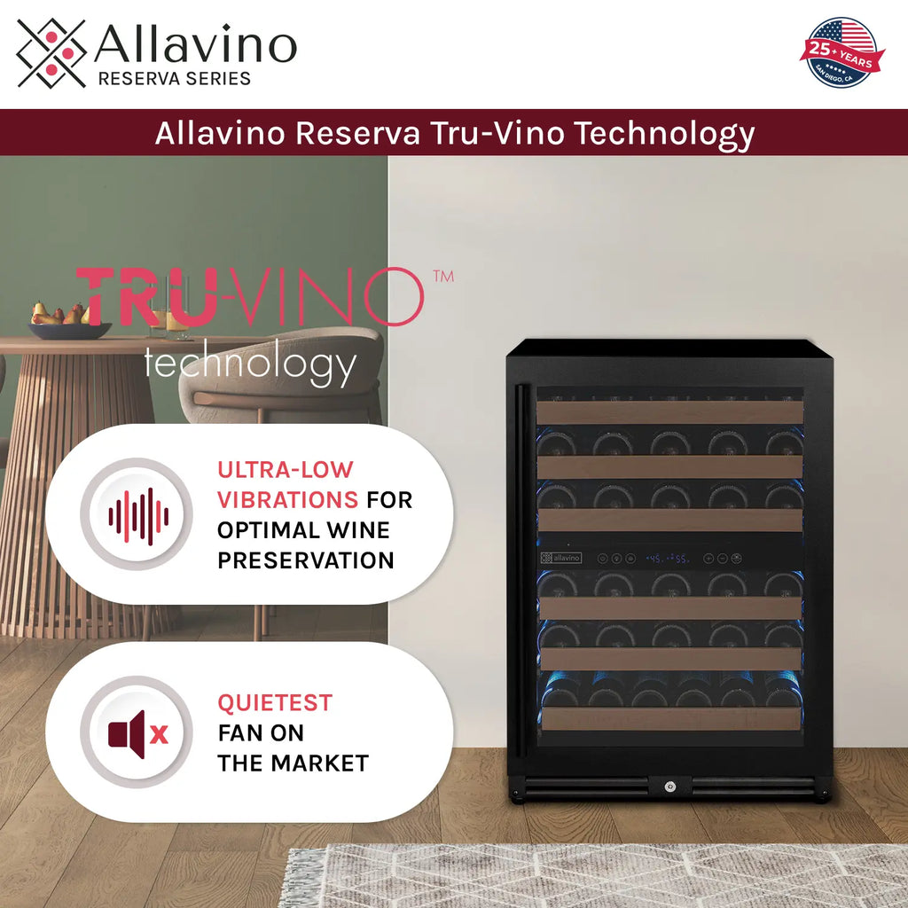 Allavino Reserva Series - 56 Bottle Dual Zone Built-in Luxury Wine Refrigerator with Black Door - Left Hinge