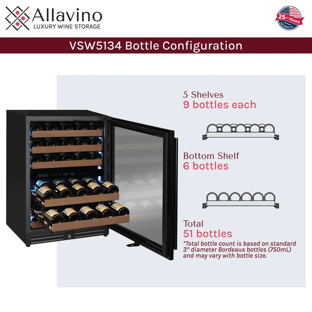 Allavino Reserva Series - 56 Bottle Dual Zone Built-in Luxury Wine Refrigerator with Black Door - Right Hinge