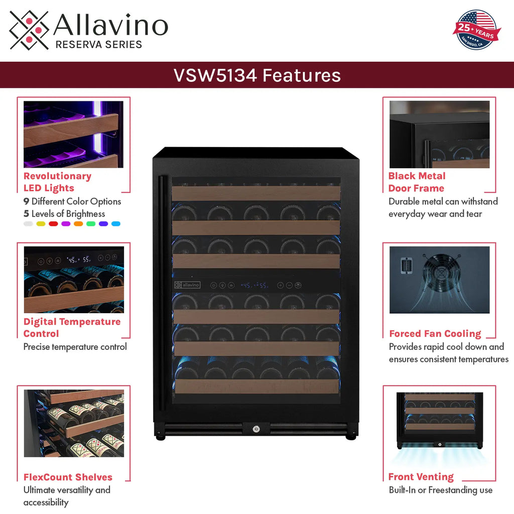 Allavino Reserva Series - 56 Bottle Dual Zone Built-in Luxury Wine Refrigerator with Black Door - Right Hinge