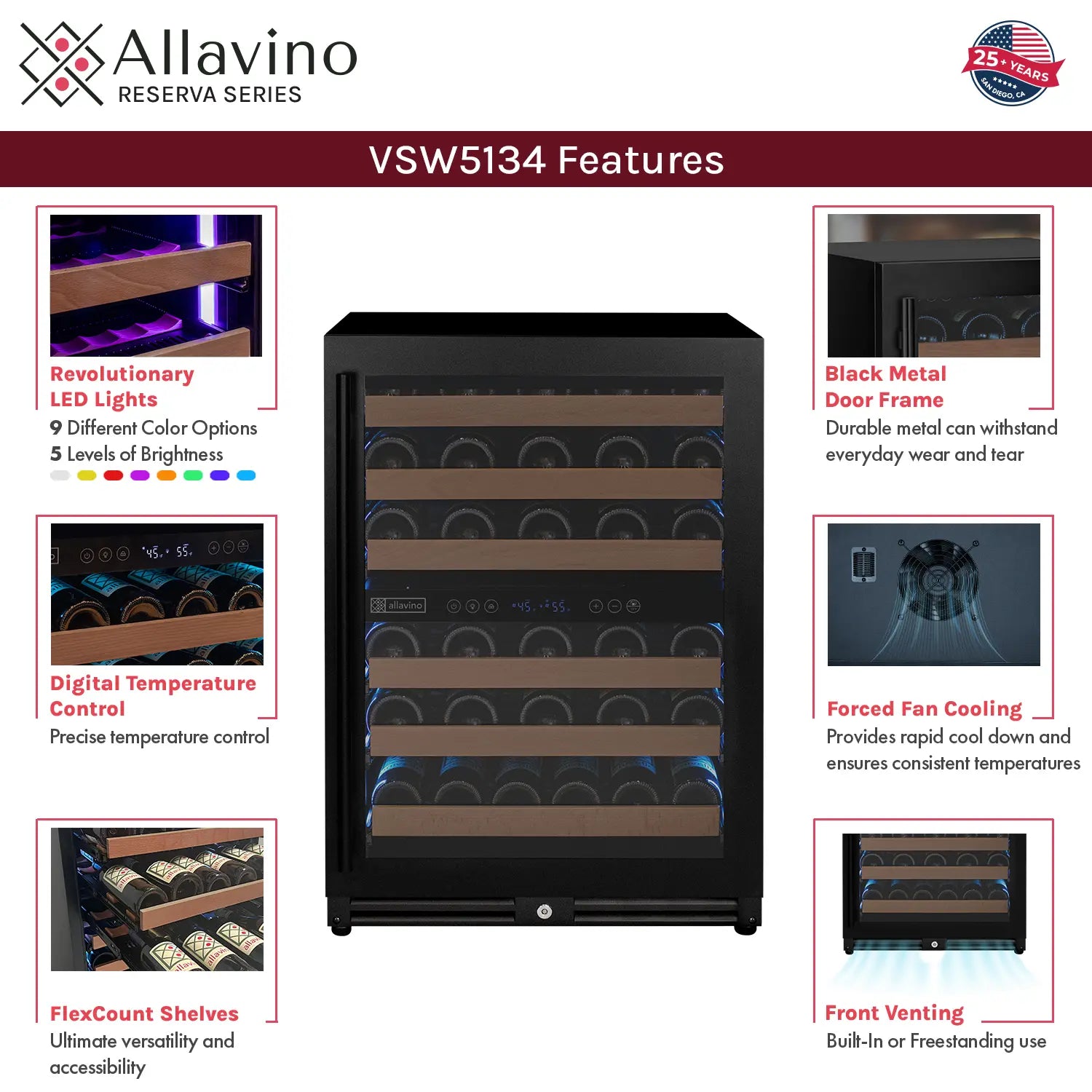 Allavino Reserva Series - 56 Bottle Dual Zone Built-in Luxury Wine Refrigerator with Black Door - Right Hinge