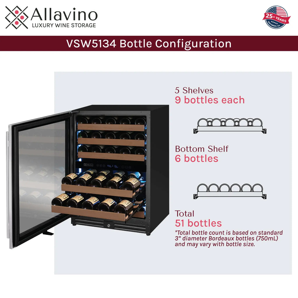 Allavino Reserva Series 51 Bottle Dual Zone Undercounter Wine Refrigerator Cooler with Stainless Steel Door - Left Hinge