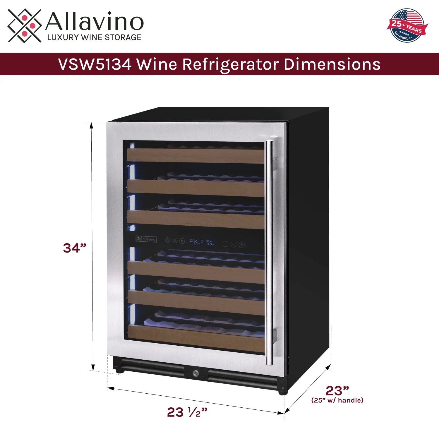 Allavino Reserva Series 51 Bottle Dual Zone Undercounter Wine Refrigerator Cooler with Stainless Steel Door - Left Hinge