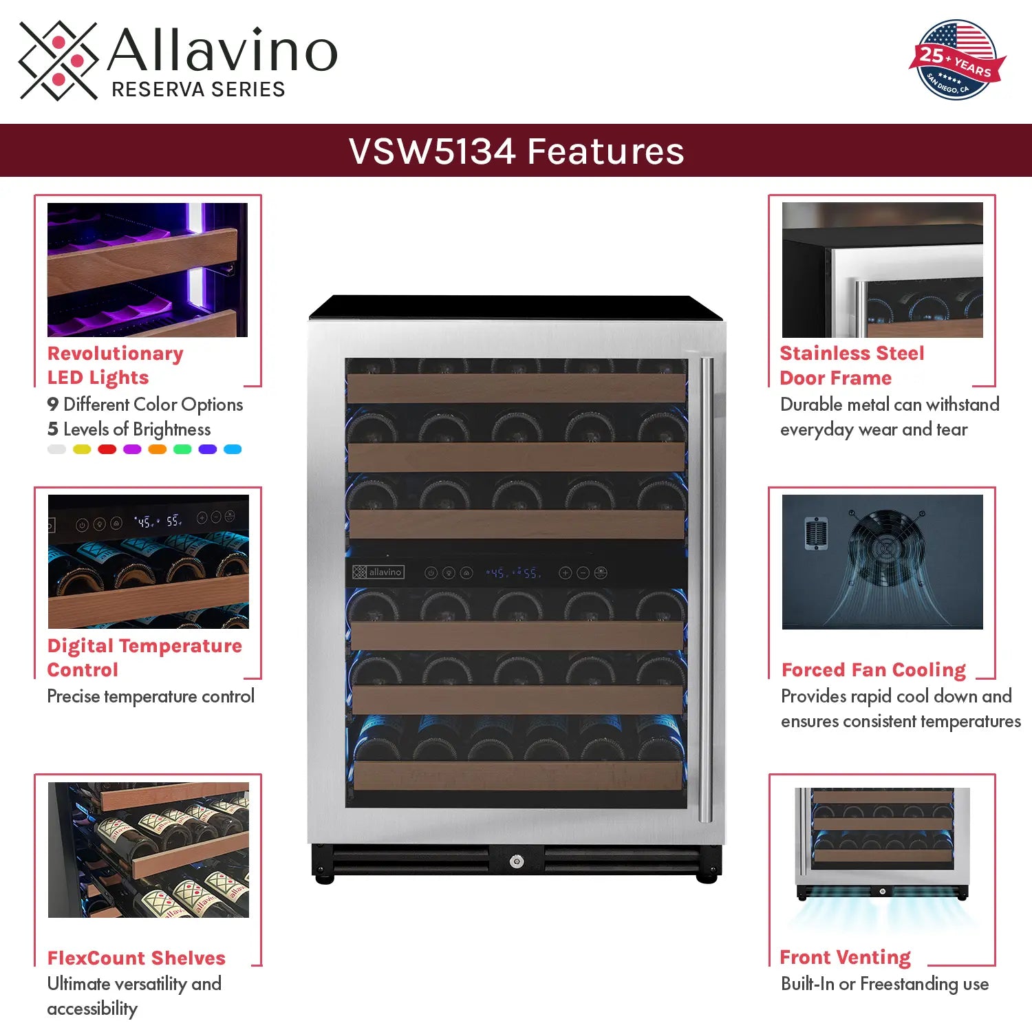 Allavino Reserva Series 51 Bottle Dual Zone Undercounter Wine Refrigerator Cooler with Stainless Steel Door - Left Hinge
