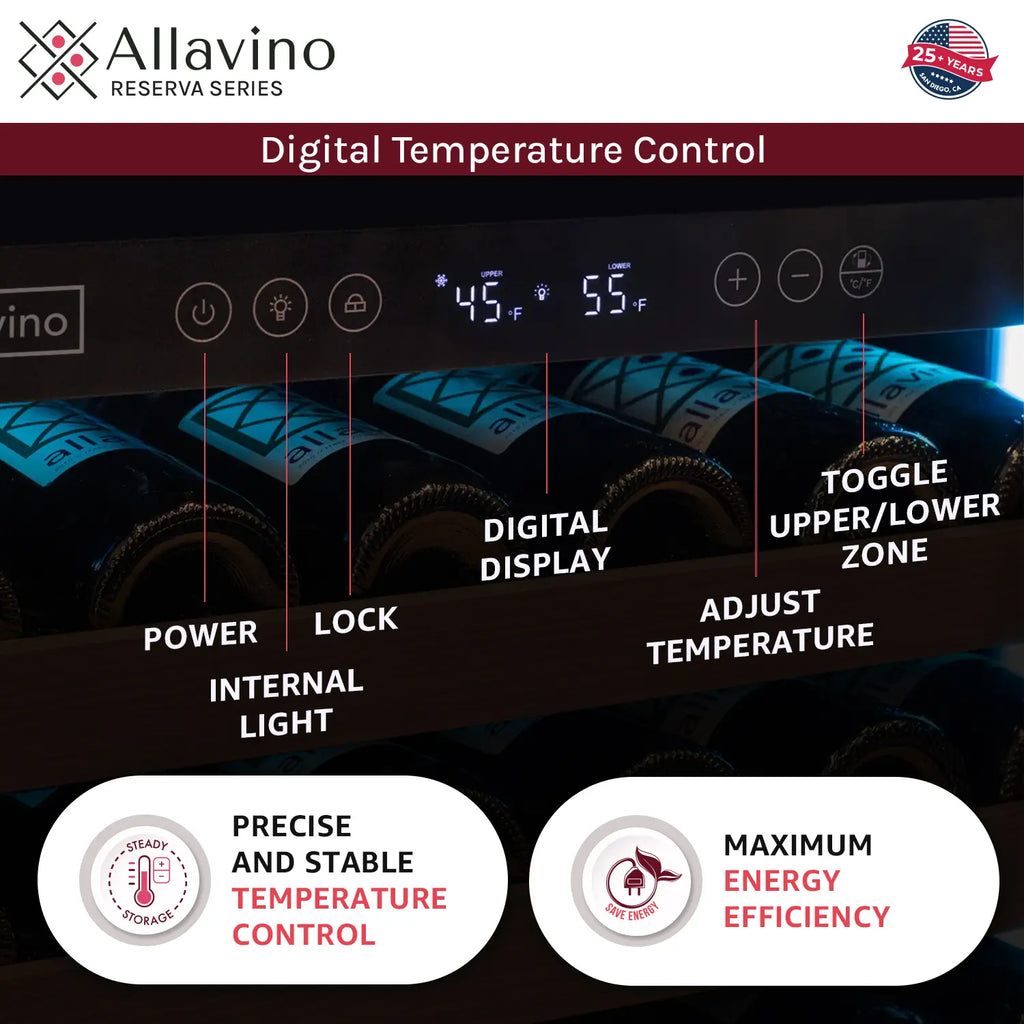 Allavino Reserva Series 51 Bottle Dual Zone Undercounter Wine Refrigerator Cooler with Stainless Steel Door - Left Hinge