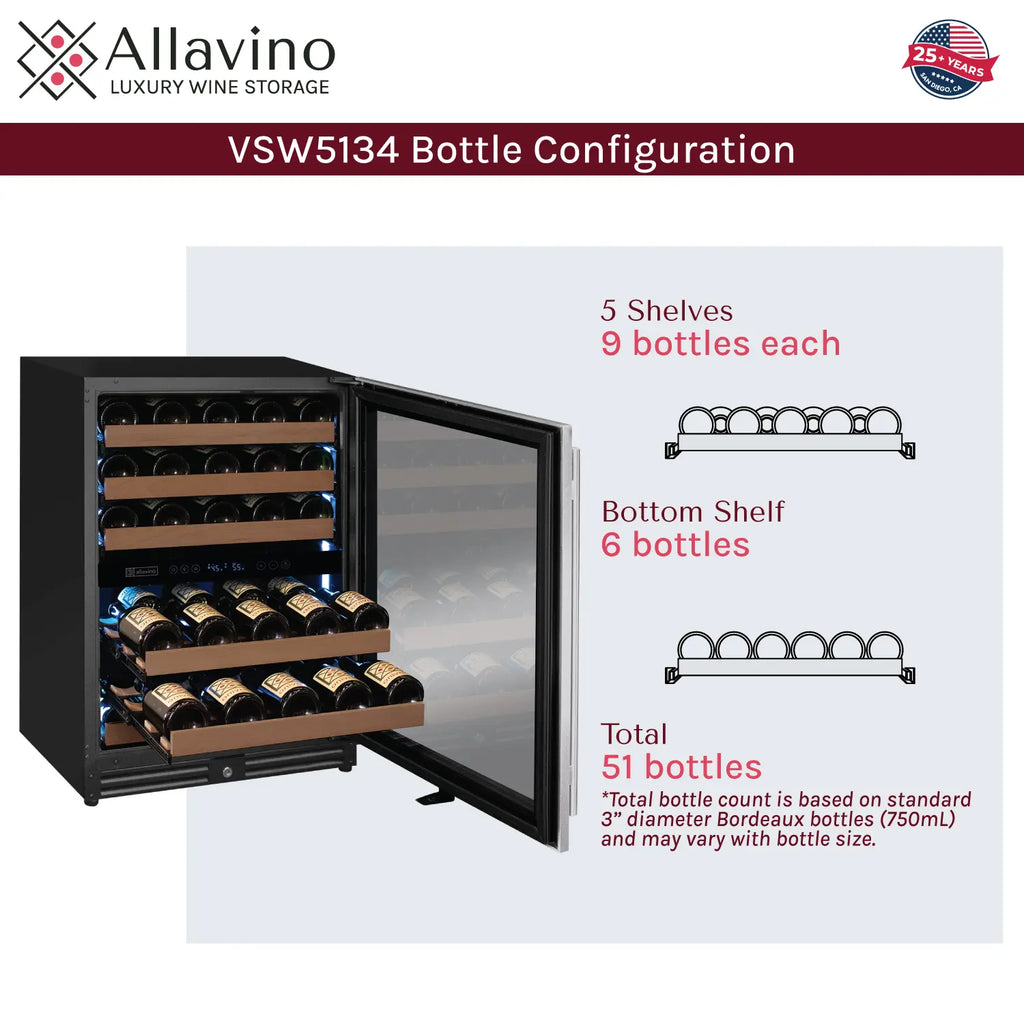Allavino Reserva Series 51 Bottle Dual Zone Undercounter Wine Refrigerator Cooler with Stainless Steel Door - Right Hinge