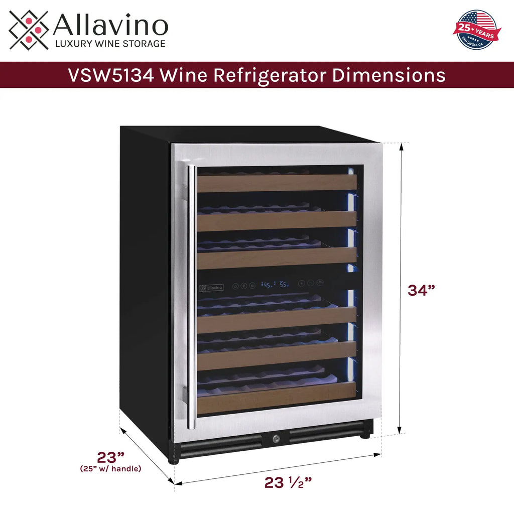 Allavino Reserva Series 51 Bottle Dual Zone Undercounter Wine Refrigerator Cooler with Stainless Steel Door - Right Hinge
