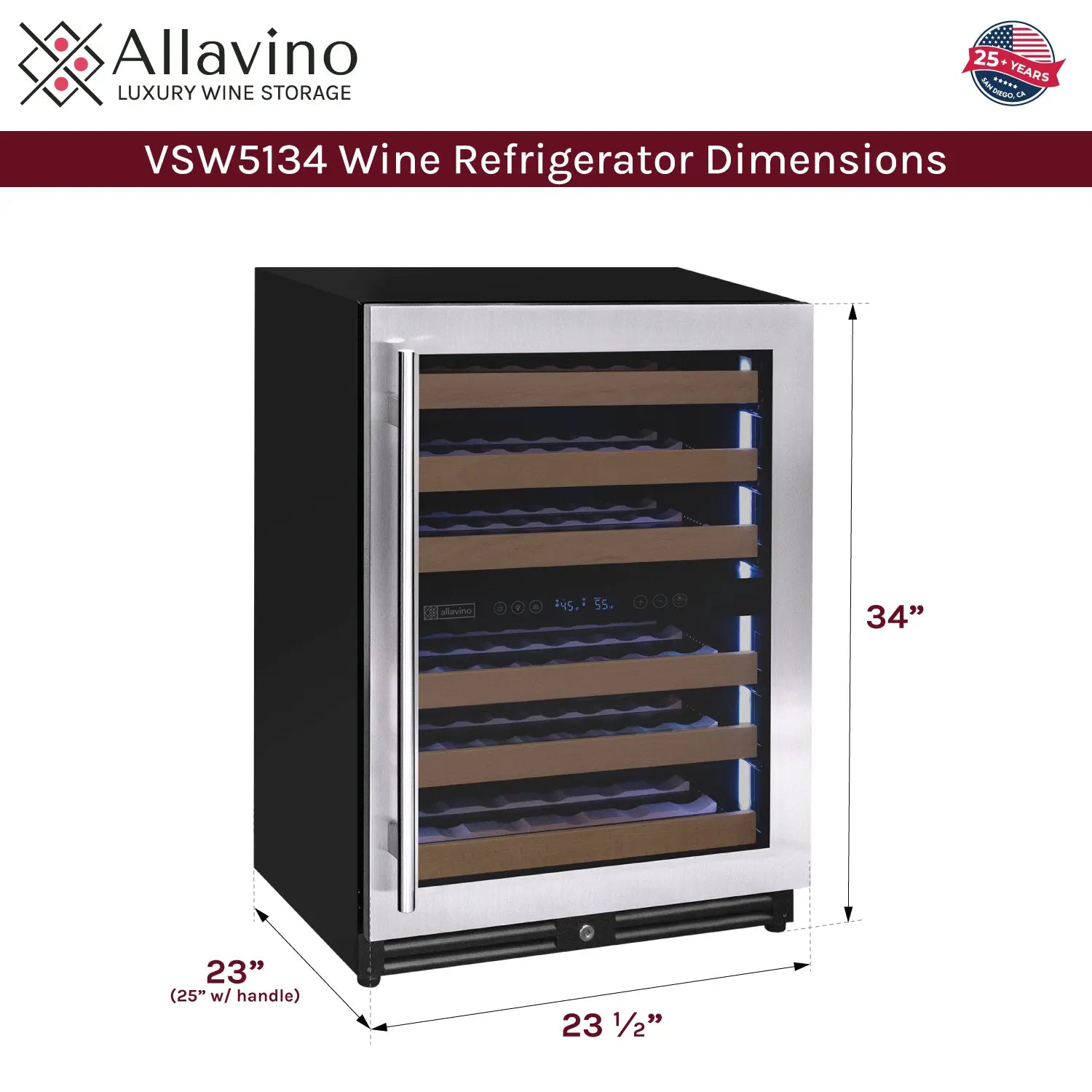 Allavino Reserva Series 51 Bottle Dual Zone Undercounter Wine Refrigerator Cooler with Stainless Steel Door - Right Hinge