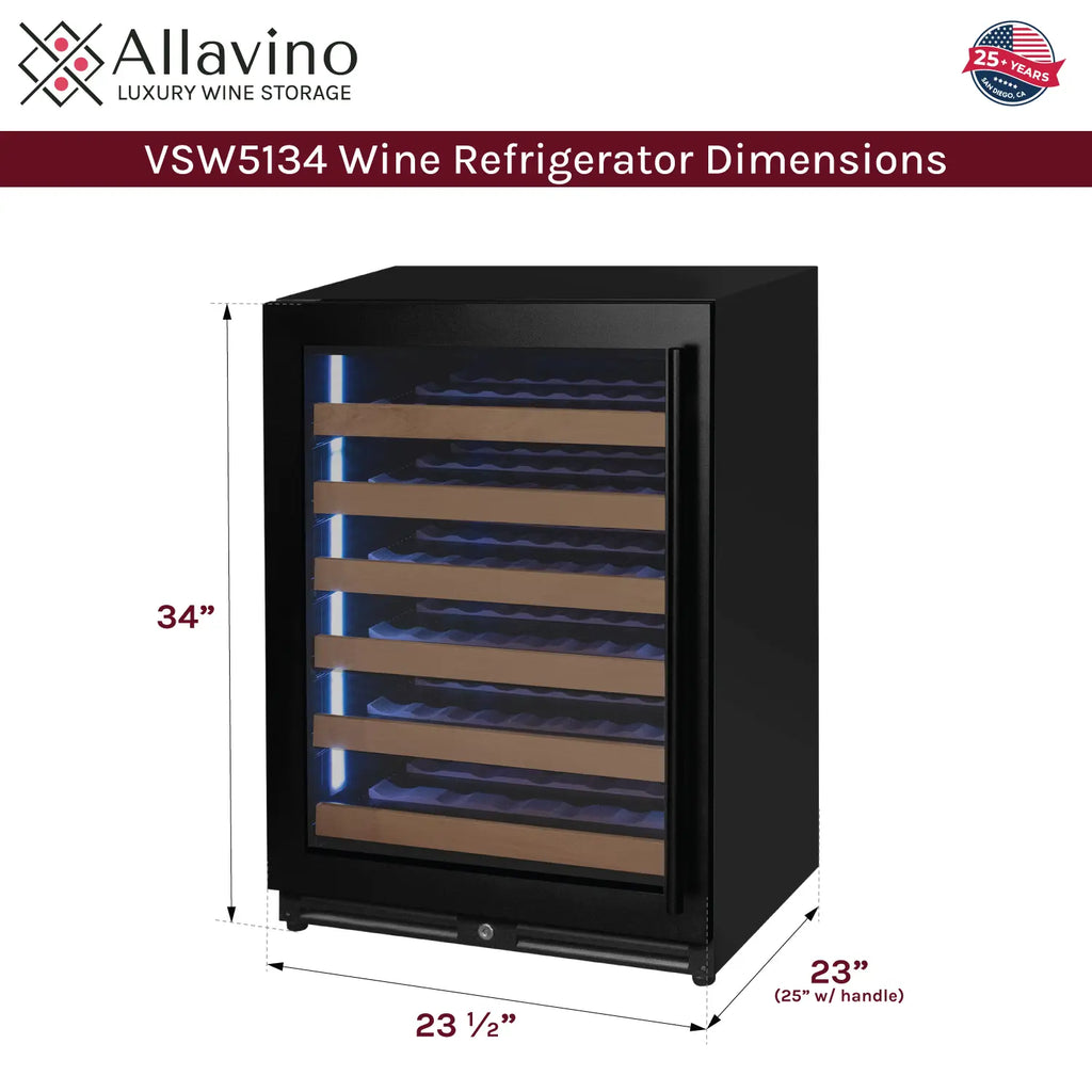 Allavino Reserva Series - 56 Bottle Single Zone Built-in Luxury Wine Refrigerator with Black Door - Left Hinge