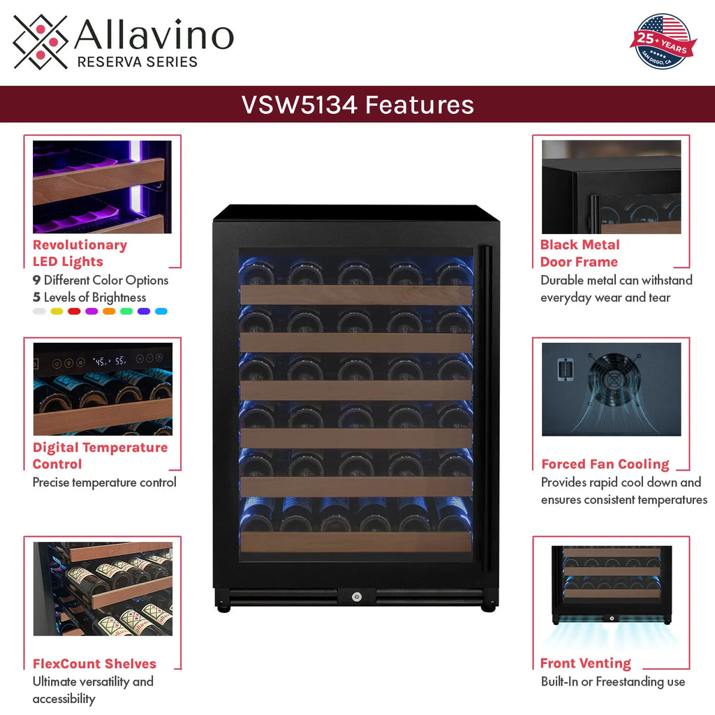 Allavino Reserva Series - 56 Bottle Single Zone Built-in Luxury Wine Refrigerator with Black Door - Left Hinge