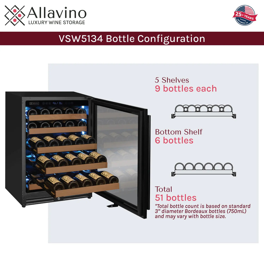 Allavino Reserva Series - 56 Bottle Single Zone Built-in Luxury Wine Refrigerator with Black Door - Right Hinge
