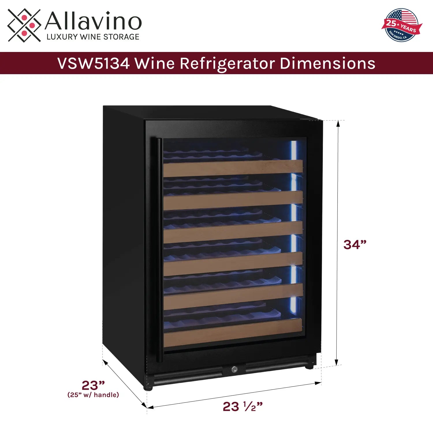 Allavino Reserva Series - 56 Bottle Single Zone Built-in Luxury Wine Refrigerator with Black Door - Right Hinge