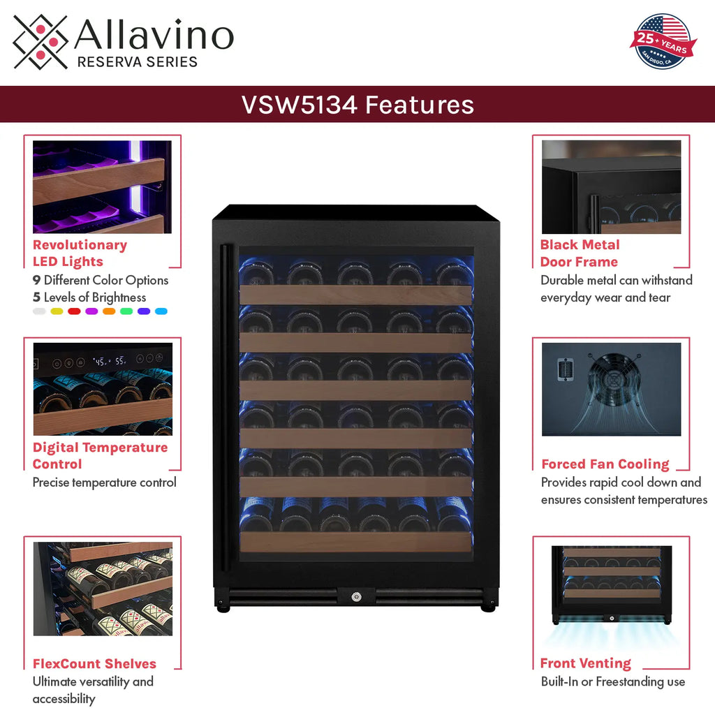 Allavino Reserva Series - 56 Bottle Single Zone Built-in Luxury Wine Refrigerator with Black Door - Right Hinge