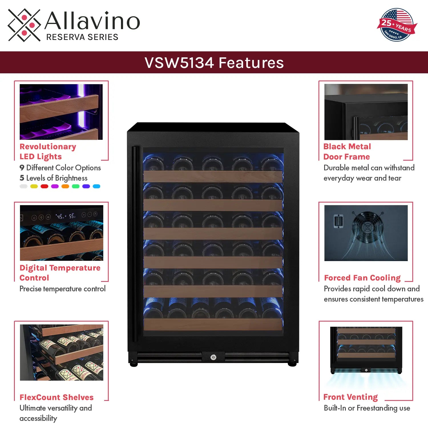 Allavino Reserva Series - 56 Bottle Single Zone Built-in Luxury Wine Refrigerator with Black Door - Right Hinge