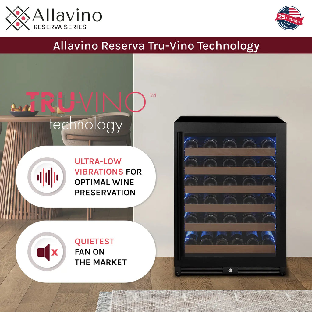 Allavino Reserva Series - 56 Bottle Single Zone Built-in Luxury Wine Refrigerator with Black Door - Right Hinge