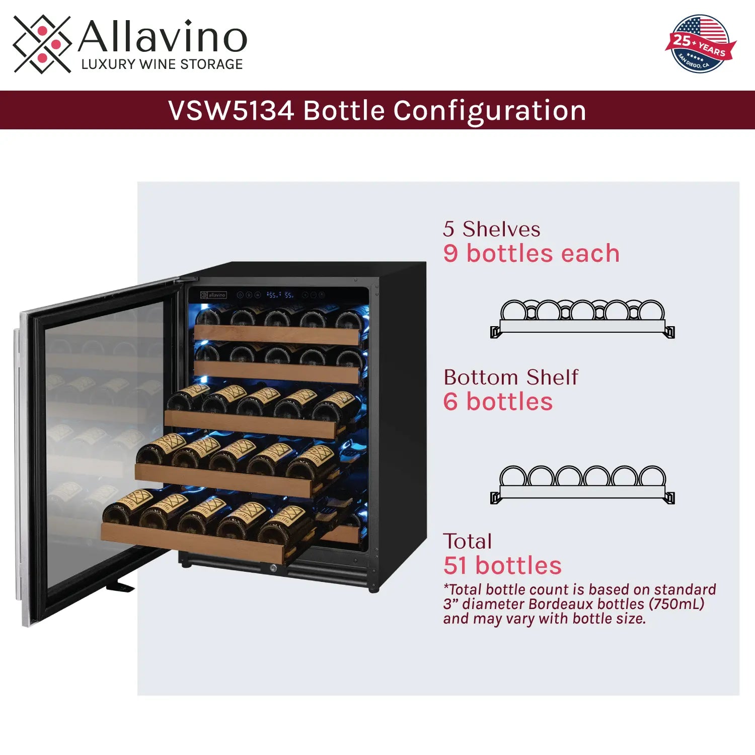 Allavino Reserva Series 51 Bottle Single Zone Built-in Luxury Wine Refrigerator with Stainless Steel Door - Left Hinge