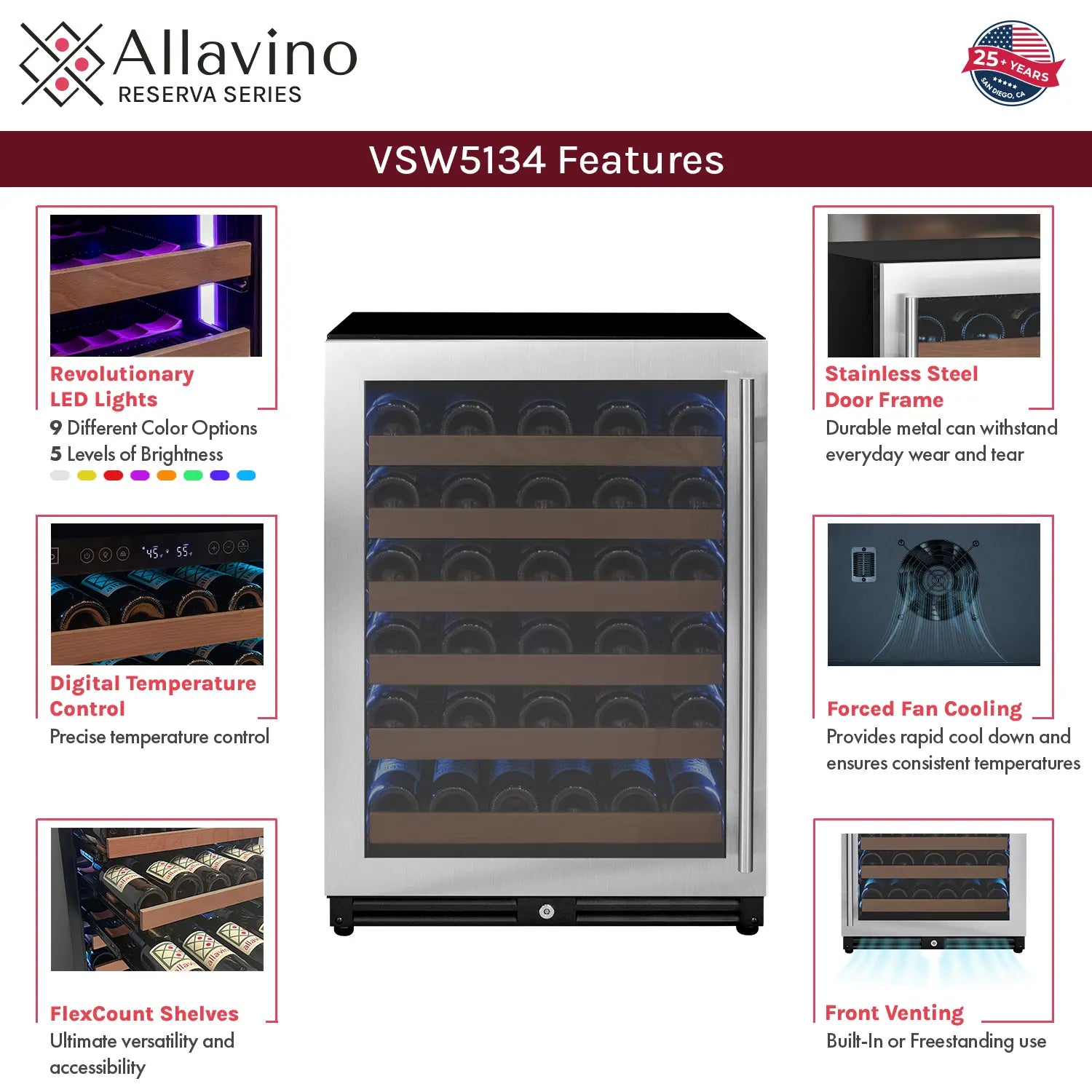 Allavino Reserva Series 51 Bottle Single Zone Built-in Luxury Wine Refrigerator with Stainless Steel Door - Left Hinge
