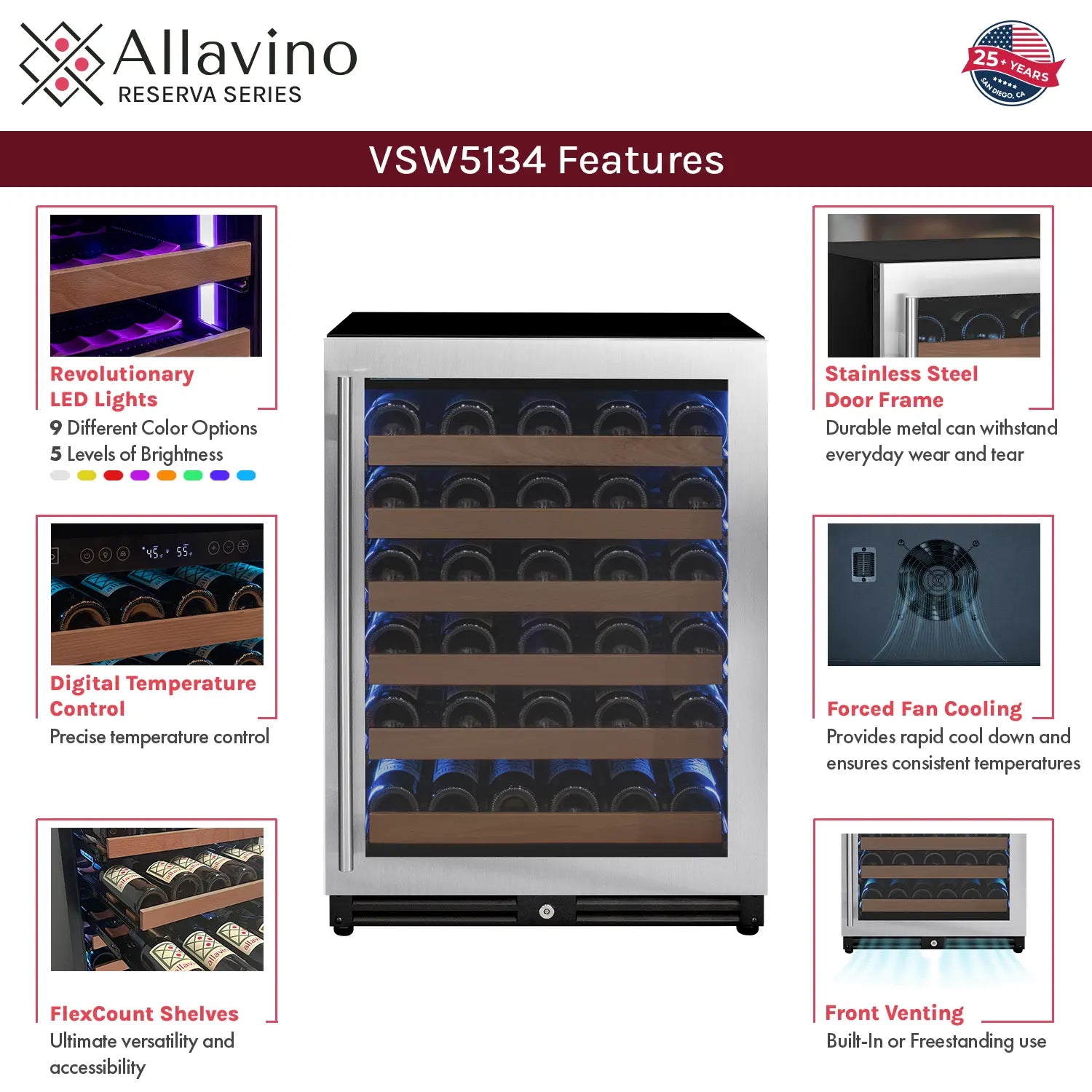 Allavino Reserva Series 51 Bottle Single Zone Built-in Luxury Wine Refrigerator with Stainless Steel Door - Right Hinge