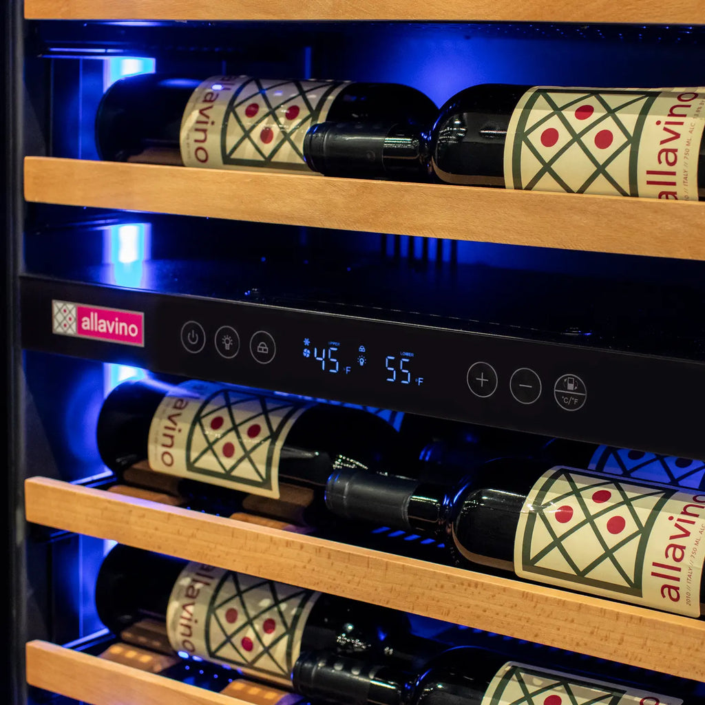 Allavino Reserva Series 67 Bottle 71" Tall Dual Zone Right Hinge Black Shallow Wine Refrigerator with Wood Front Shelves