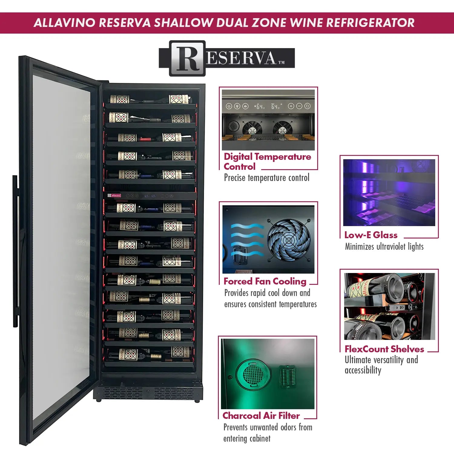 Allavino Reserva Series 67 Bottle 71" Tall Dual Zone Left Hinge Black Shallow Wine Cooler Refrigerator Console