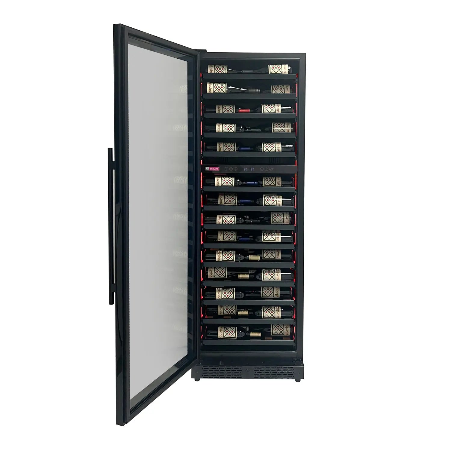 Allavino Reserva Series 67 Bottle 71" Tall Dual Zone Left Hinge Black Shallow Wine Cooler Refrigerator Console