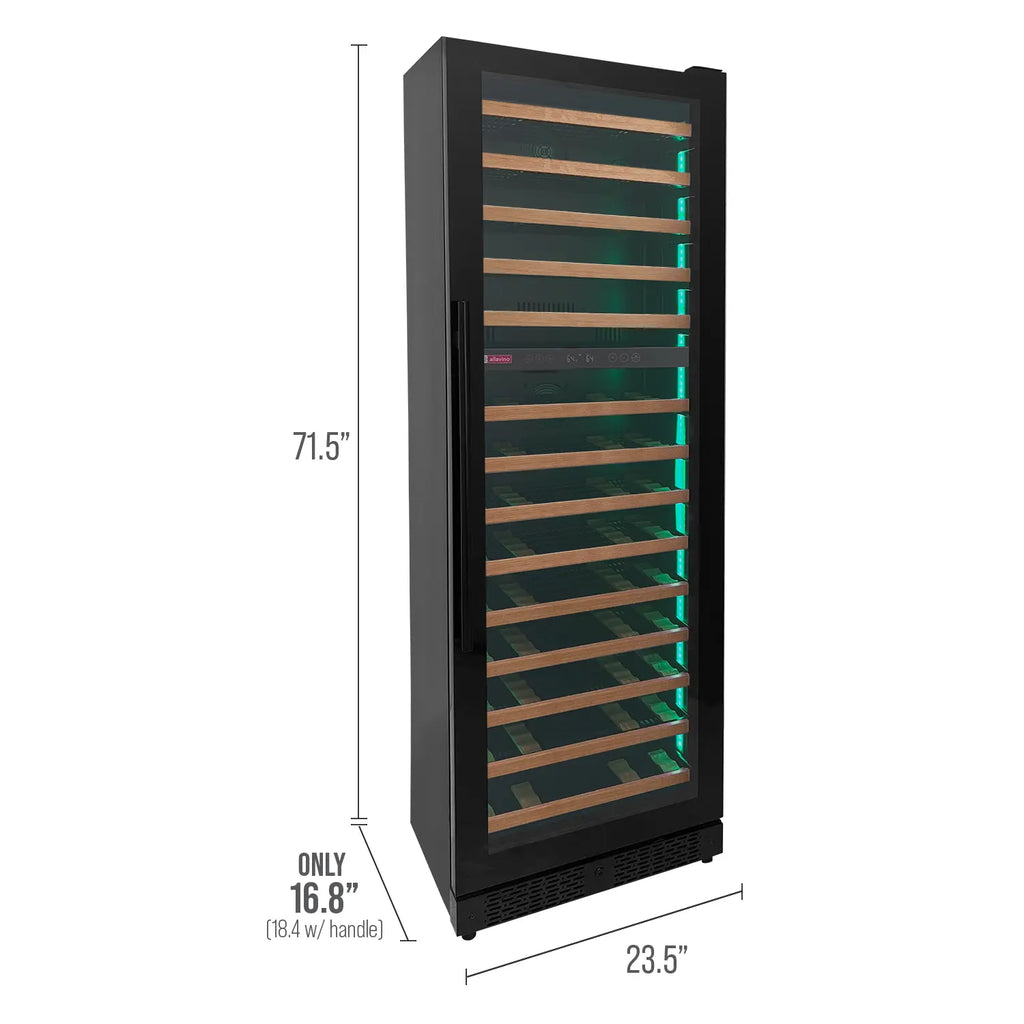 Allavino Reserva Series 67 Bottle 71" Tall Dual Zone Right Hinge Black Shallow Wine Refrigerator with Wood Front Shelves