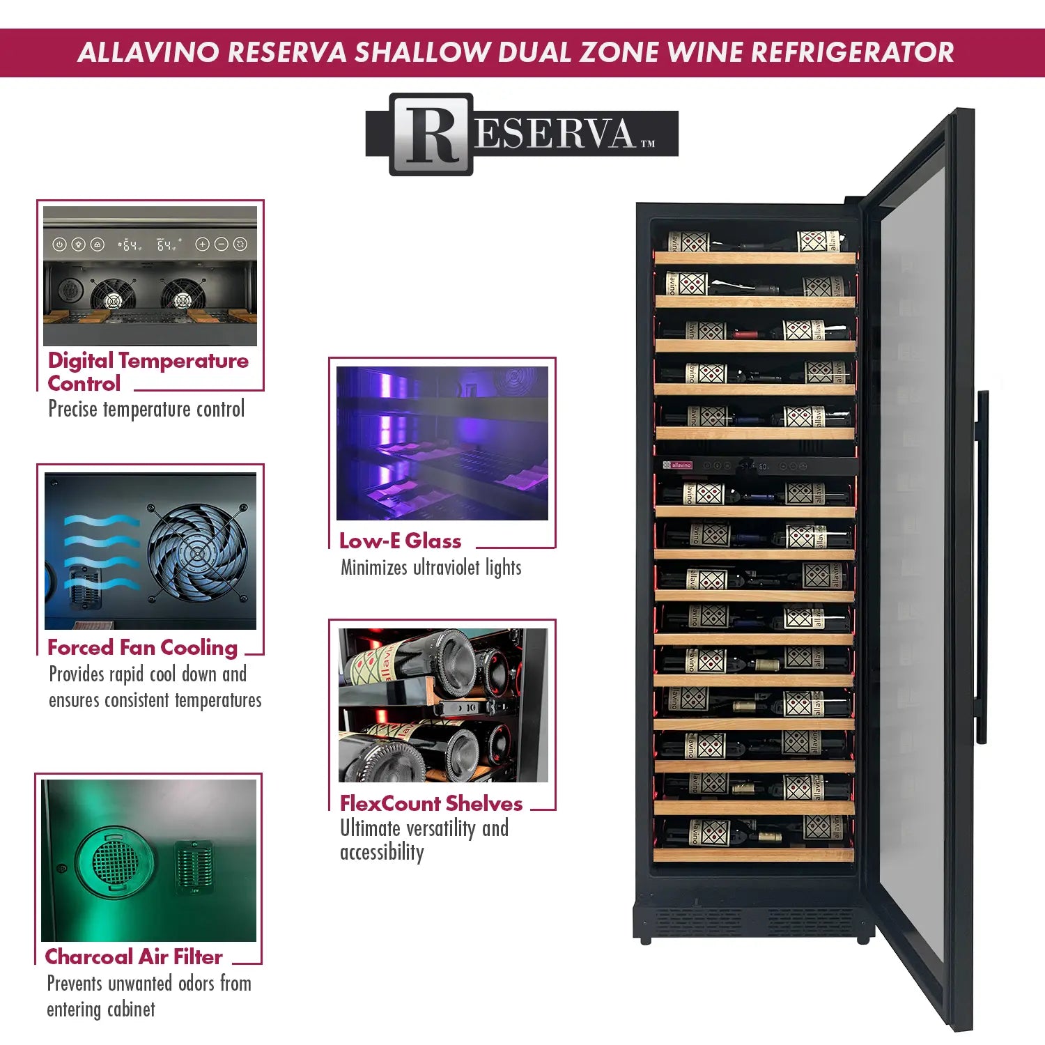 Allavino Reserva Series 67 Bottle 71" Tall Dual Zone Right Hinge Black Shallow Wine Refrigerator with Wood Front Shelves