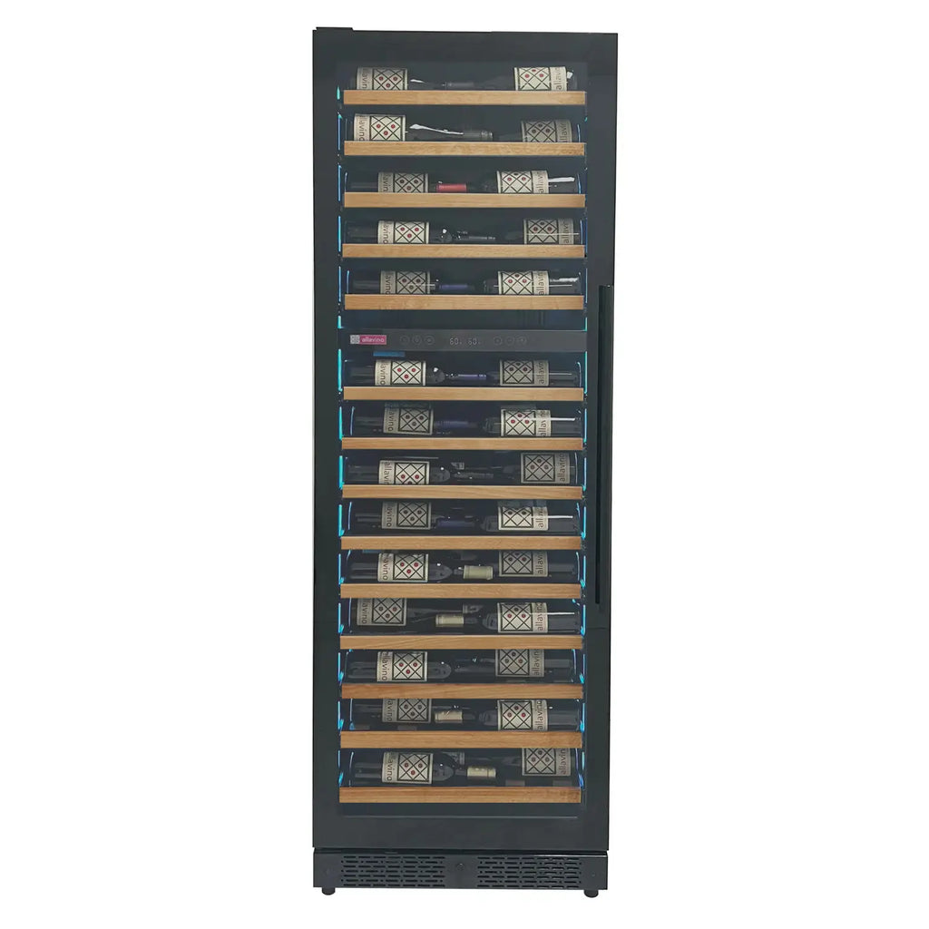 Allavino Reserva Series 67 Bottle 71" Tall Dual Zone Right Hinge Black Shallow Wine Refrigerator with Wood Front Shelves