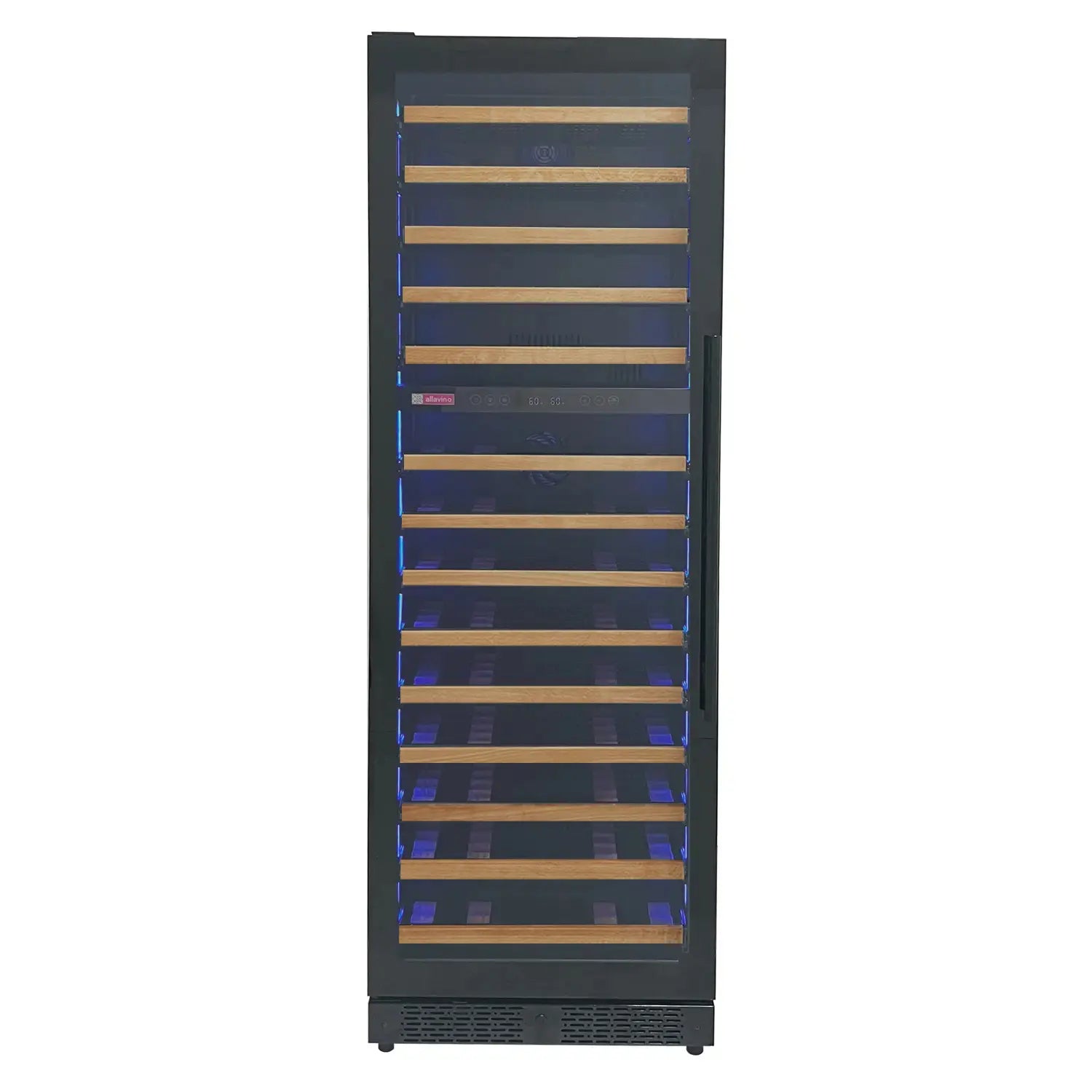 Allavino Reserva Series 67 Bottle 71" Tall Dual Zone Right Hinge Black Shallow Wine Refrigerator with Wood Front Shelves