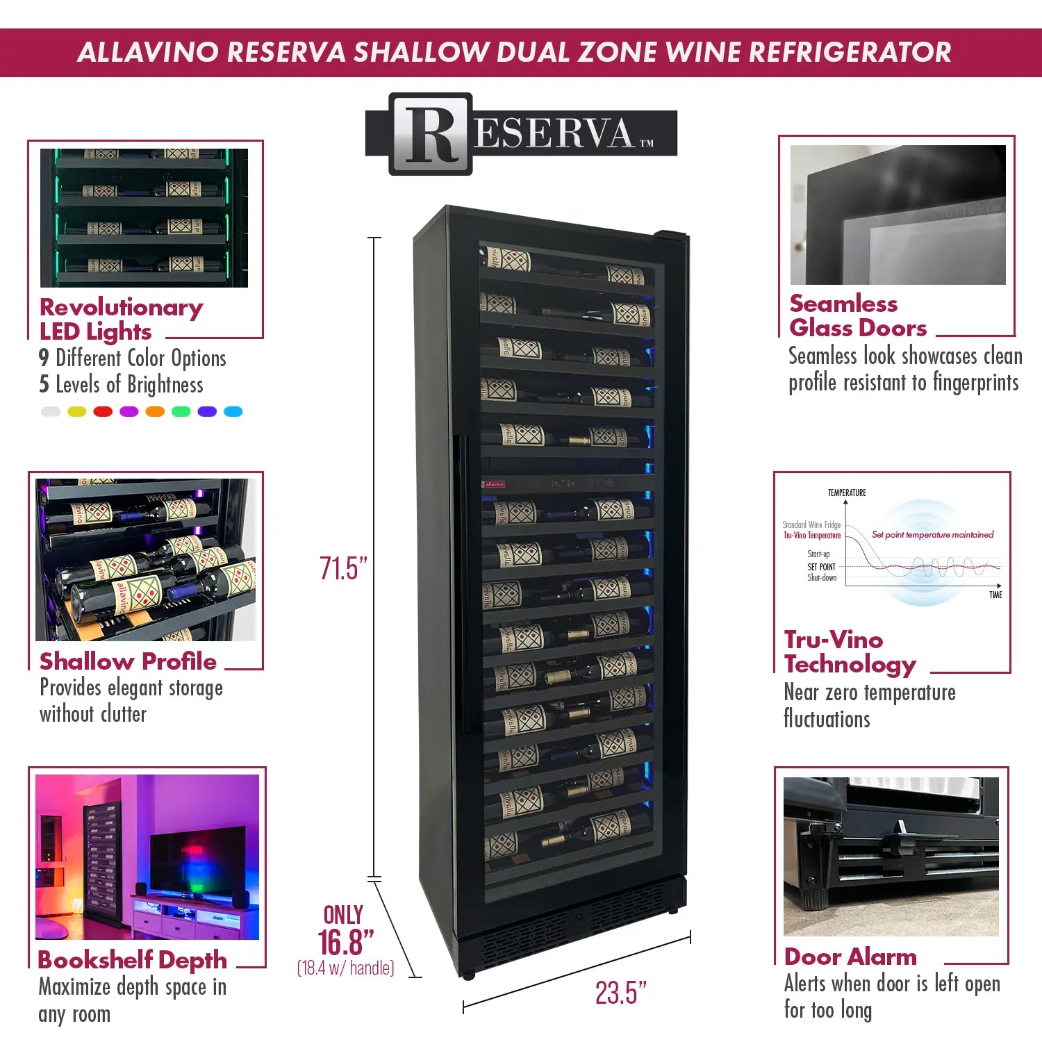 Allavino Reserva Series 67 Bottle 71" Tall Dual Zone Right Hinge Black Shallow Wine Cooler Refrigerator