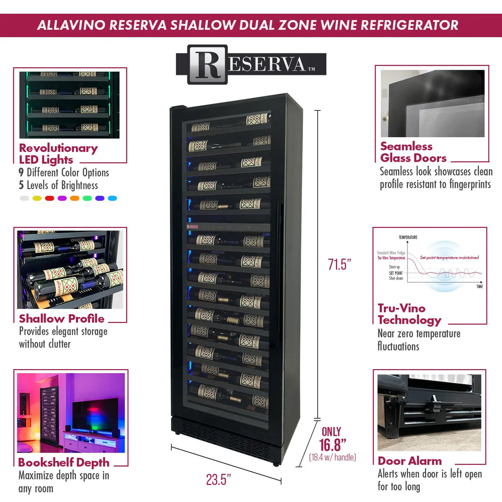 Allavino Reserva Series 67 Bottle 71" Tall Dual Zone Left Hinge Black Shallow Wine Cooler Refrigerator Console
