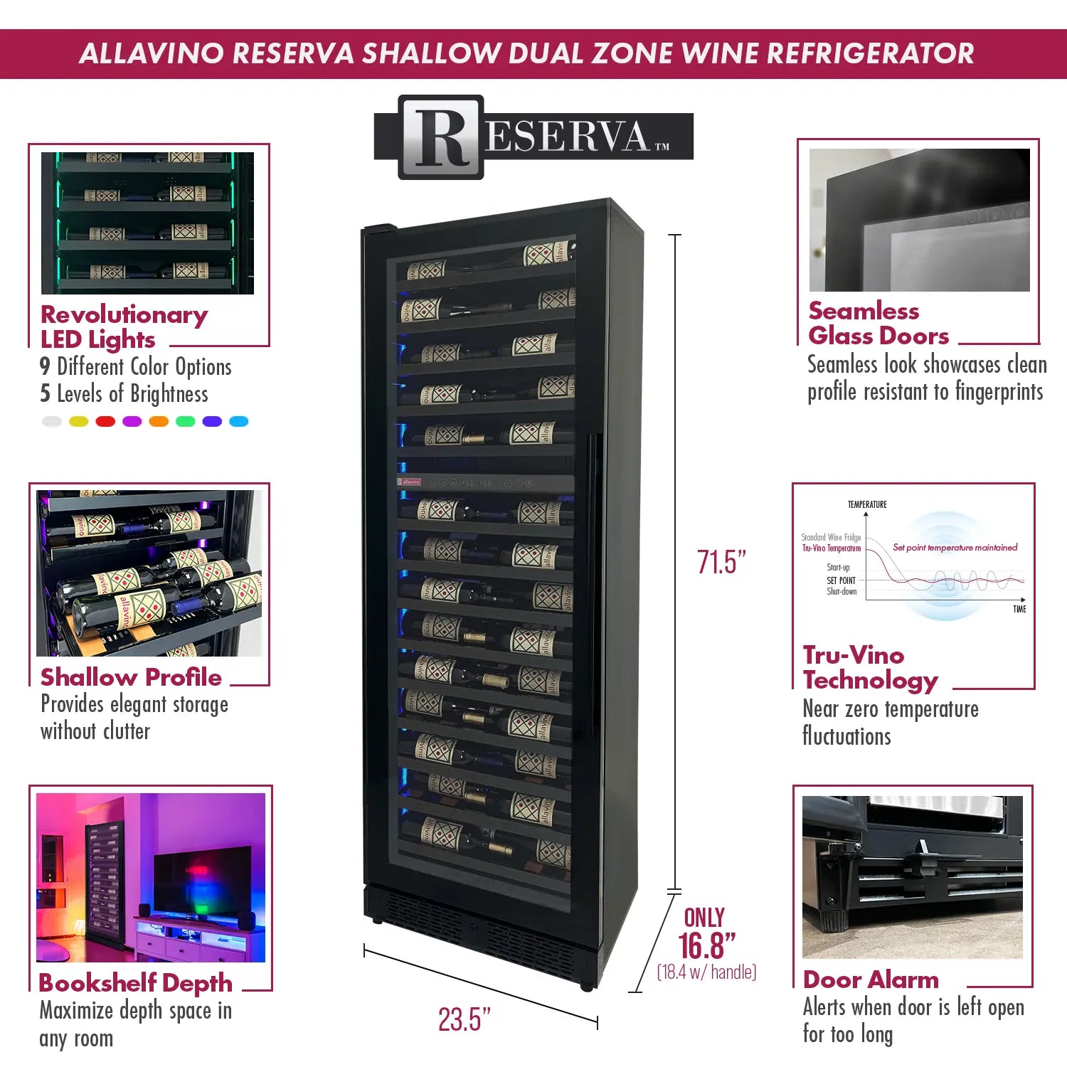 Allavino Reserva Series 67 Bottle 71" Tall Dual Zone Left Hinge Black Shallow Wine Cooler Refrigerator Console