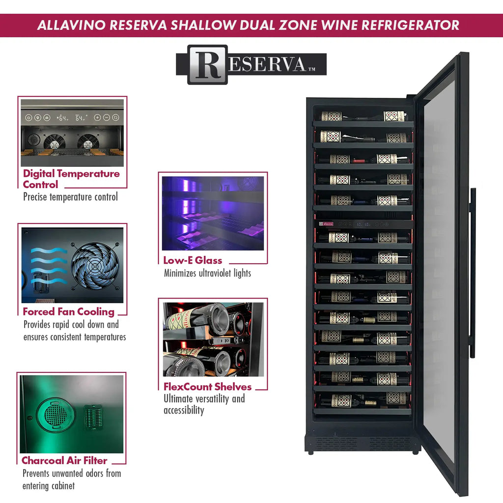 Allavino Reserva Series 67 Bottle 71" Tall Dual Zone Right Hinge Black Shallow Wine Cooler Refrigerator