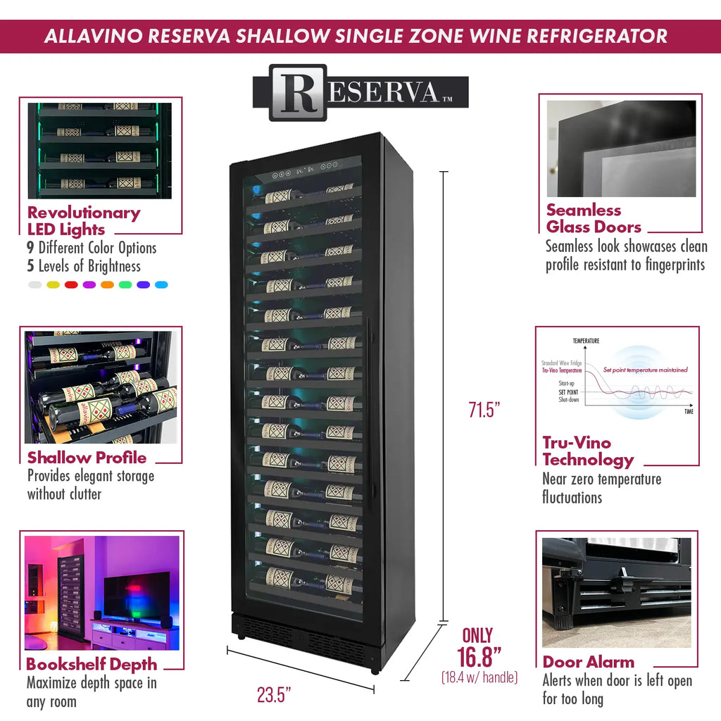 Allavino Reserva Series 67 Bottle 71" Tall Single Zone Left Hinge Black Shallow Wine Cooler Refrigerator Console