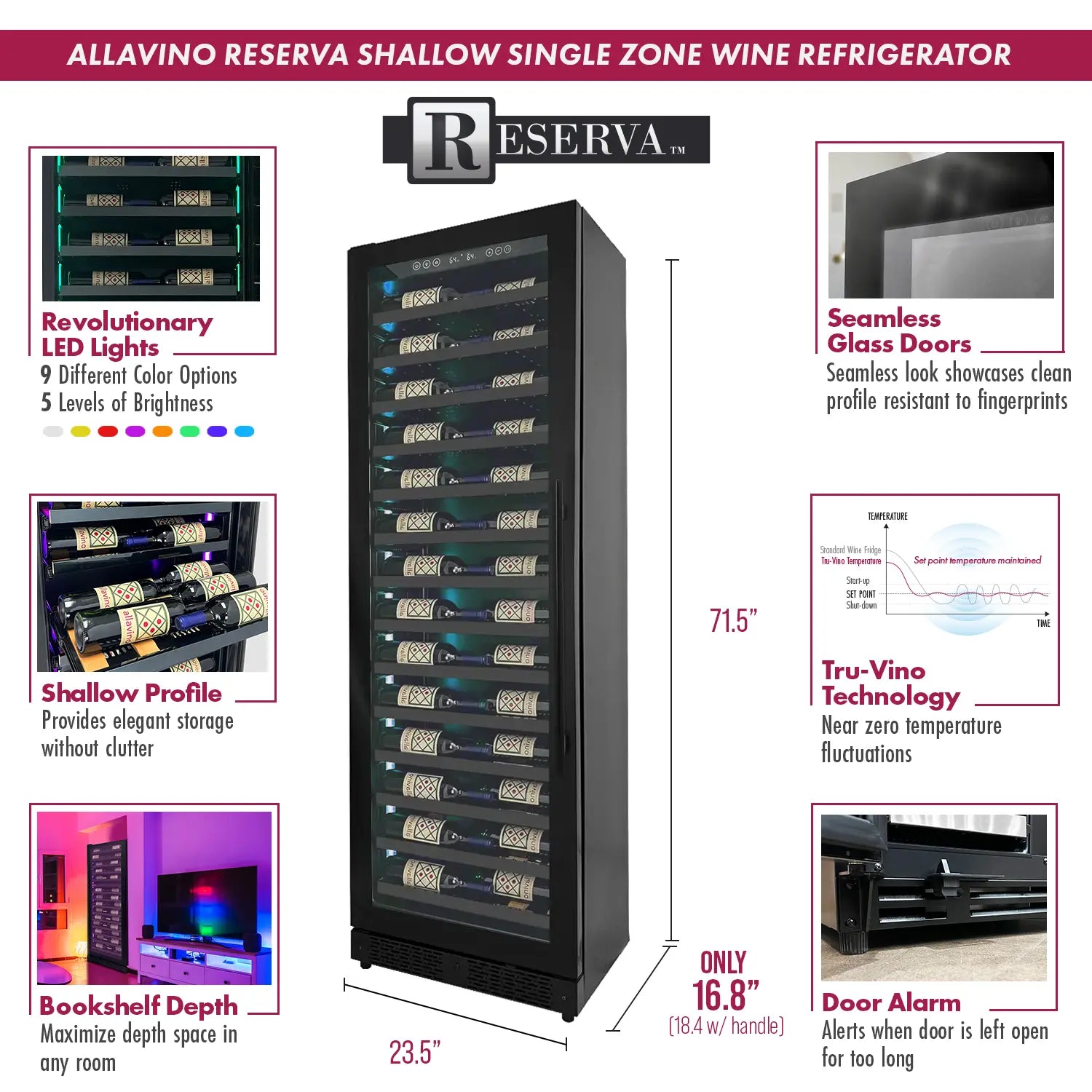 Allavino Reserva Series 67 Bottle 71" Tall Single Zone Left Hinge Black Shallow Wine Cooler Refrigerator Console