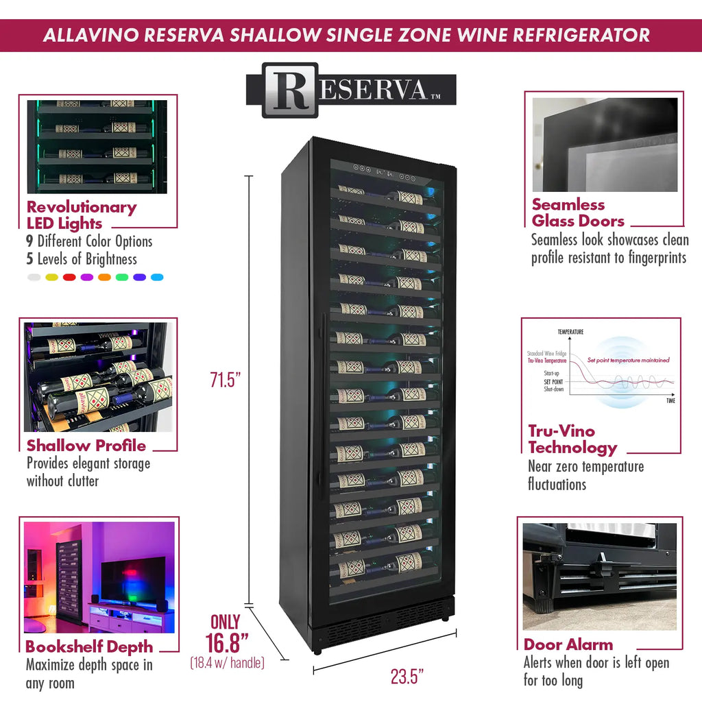 Allavino Reserva Series 67 Bottle Single Zone Shallow Built-in Wine Cooler Refrigerator with Black Glass Door - Right Hinge