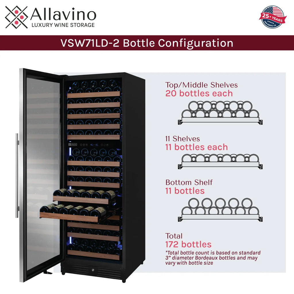 Allavino Reserva Series 172 Bottle Dual Zone Built-in Wine Refrigerator with Stainless Steel Door - Left Hinge