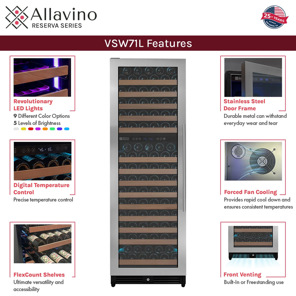 Allavino Reserva Series 172 Bottle Dual Zone Built-in Wine Refrigerator with Stainless Steel Door - Left Hinge