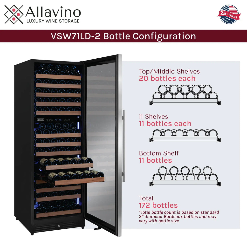 Allavino Reserva Series 172 Bottle Dual Zone Built-in Wine Refrigerator with Stainless Steel Door - Right Hinge