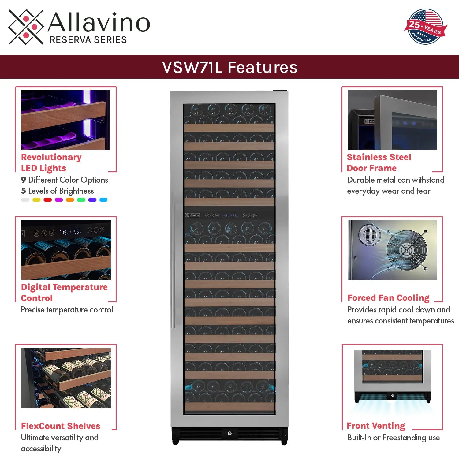 Allavino Reserva Series 172 Bottle Dual Zone Built-in Wine Refrigerator with Stainless Steel Door - Right Hinge