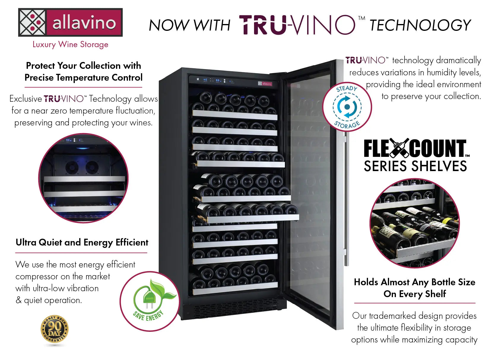 Allavino FlexCount Series 128 Bottle Single Zone Built-in Wine Refrigerator with Stainless Steel Door - Right Hinge