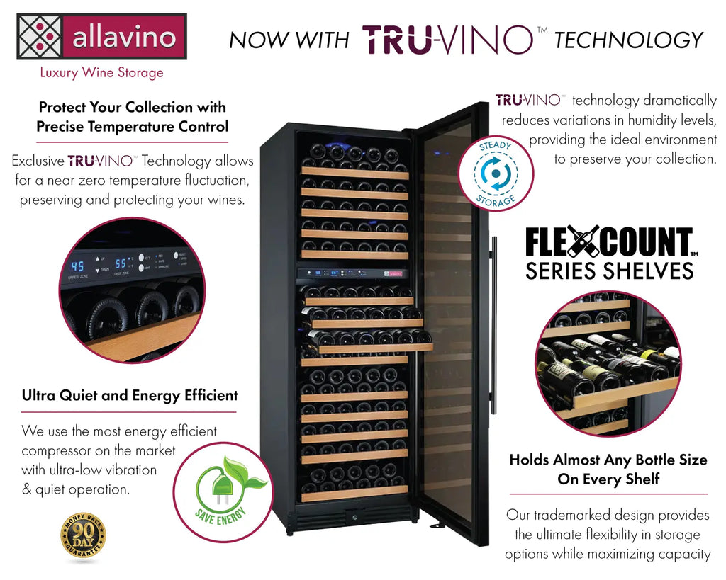 Allavino FlexCount Series 172 Bottle Dual Zone Built-in Wine Refrigerator with Black Door - Right Hinge
