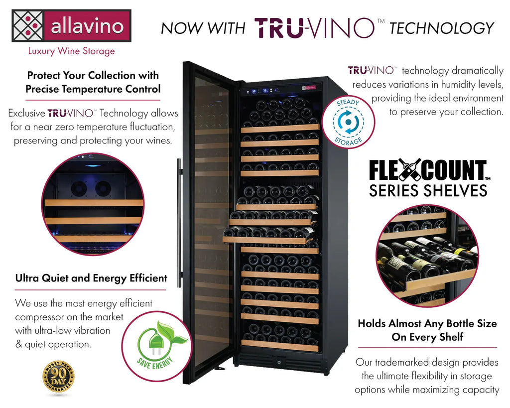 Allavino 24" Wide FlexCount II Tru-Vino 177 Bottle Single Zone Black Left Hinge Wine Refrigerator